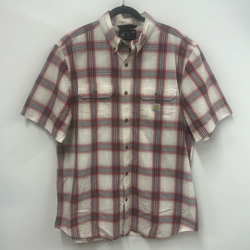 Carhartt cream red plaid short sleeve button down shirt L